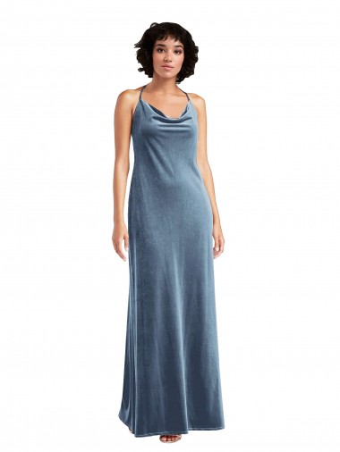 Sheath Cowl Neck Stretch Velvet Long Dusty Blue Bridesmaid Dress / Evening Dress Barrie