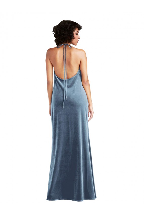 Sheath Cowl Neck Stretch Velvet Long Dusty Blue Bridesmaid Dress / Evening Dress Barrie