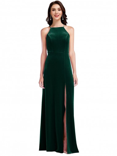 A-Line High Neck Stretch Velvet Long Dark Green Semi Formal Evening Dress / Prom Dress / Bridesmaid Dress Barrie