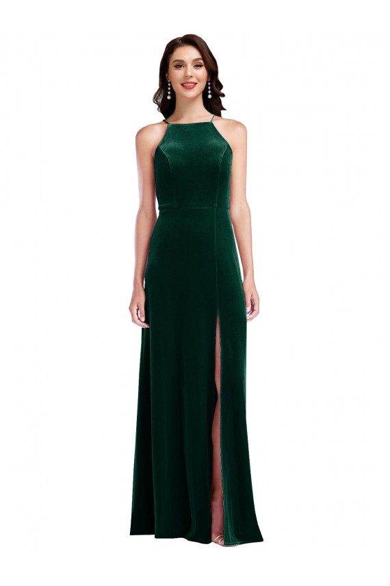 A-Line High Neck Stretch Velvet Long Dark Green Semi Formal Evening Dress / Prom Dress / Bridesmaid Dress Barrie
