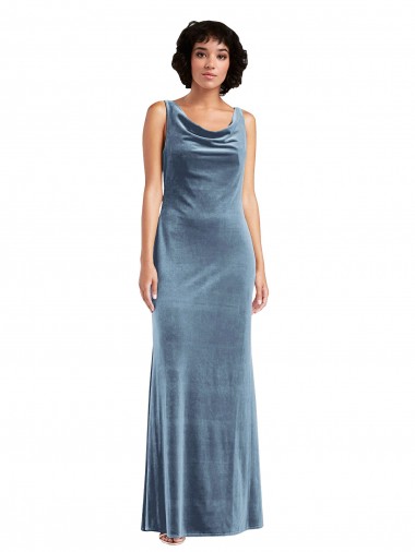 Sheath Cowl Neck Stretch Velvet Long Dusty Blue Evening Dress / Bridesmaid Dress Barrie