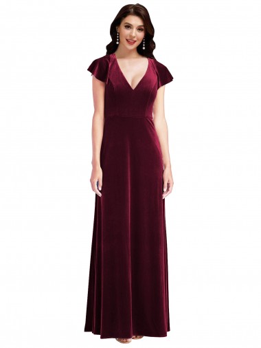 A-Line V-Neck Stretch Velvet Long Burgundy Semi Formal Evening Dress / Prom Dress / Bridesmaid Dress Barrie