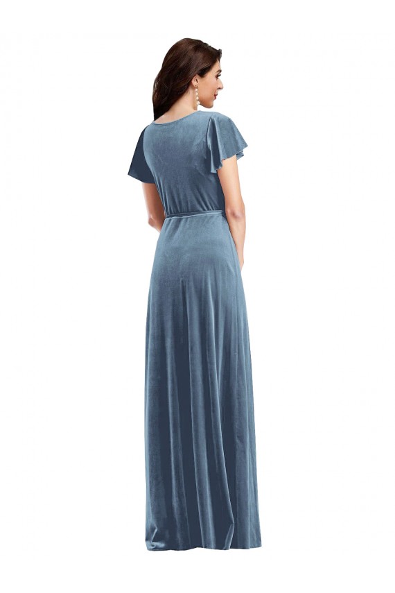 A-Line V-Neck Stretch Velvet Long Dusty Blue Black Tie Evening Gown / Prom Dress / Bridesmaid Dress Barrie