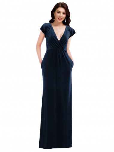 A-Line V-Neck Stretch Velvet Long Dark Navy Formal Dress / Bridesmaid Dress Barrie