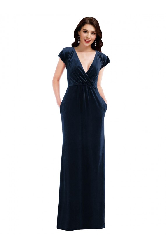 A-Line V-Neck Stretch Velvet Long Dark Navy Formal Dress / Bridesmaid Dress Barrie