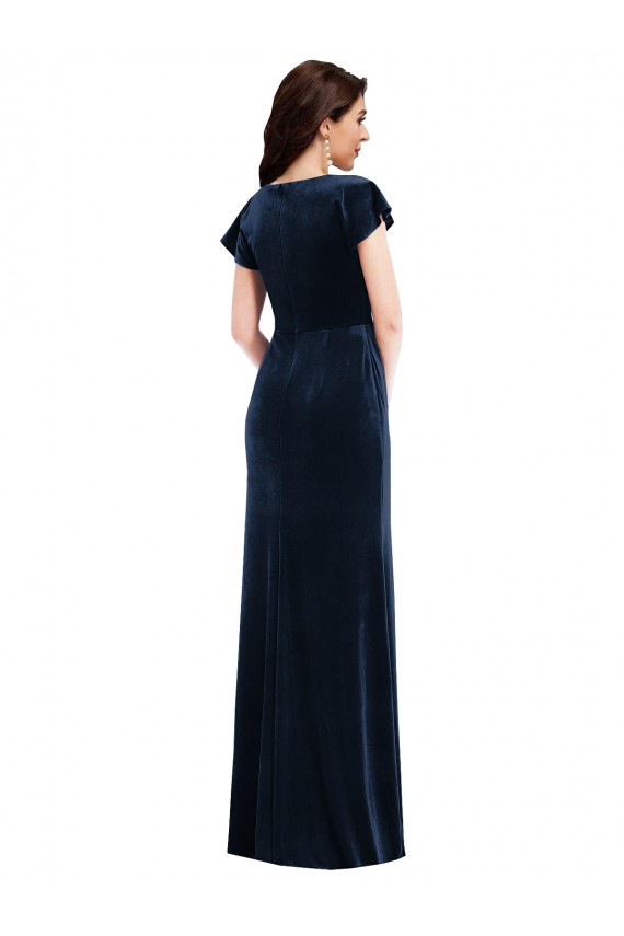 A-Line V-Neck Stretch Velvet Long Dark Navy Formal Dress / Bridesmaid Dress Barrie