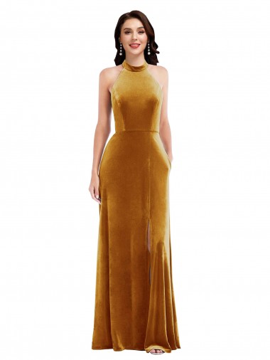 Trumpet High Neck Stretch Velvet Long Gold Semi Formal Evening Dress / Prom Dress / Bridesmaid Dress Barrie