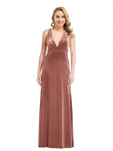 A-Line V-Neck Stretch Velvet Long Cinnamon Rose Bridesmaid Dress / Evening Dress Barrie