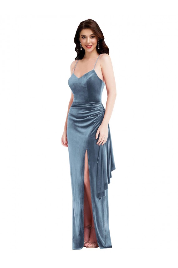 Trumpet Sweetheart Stretch Velvet Long Dusty Blue Formal Evening Gown / Prom Dress / Bridesmaid Dress Barrie