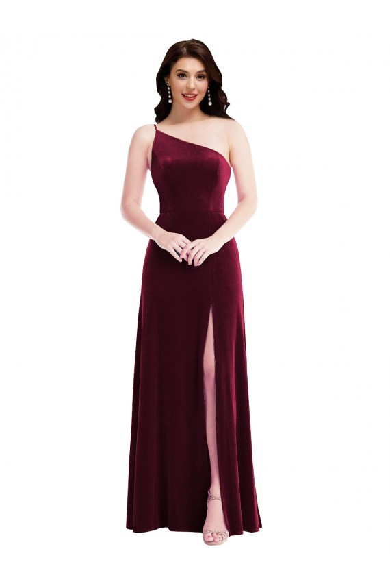 Trumpet One Shoulder Stretch Velvet Long Burgundy Black Tie Evening Gown / Prom Dress / Bridesmaid Dress Barrie