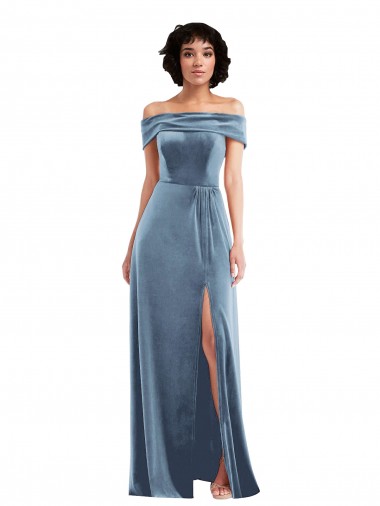 A-Line Off the Shoulder Stretch Velvet Long Dusty Blue Semi Formal Evening Dress / Prom Dress / Bridesmaid Dress Barrie