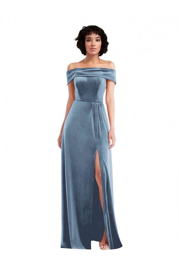 A-Line Off the Shoulder Stretch Velvet Long Dusty Blue Semi Formal Evening Dress / Prom Dress / Bridesmaid Dress Barrie