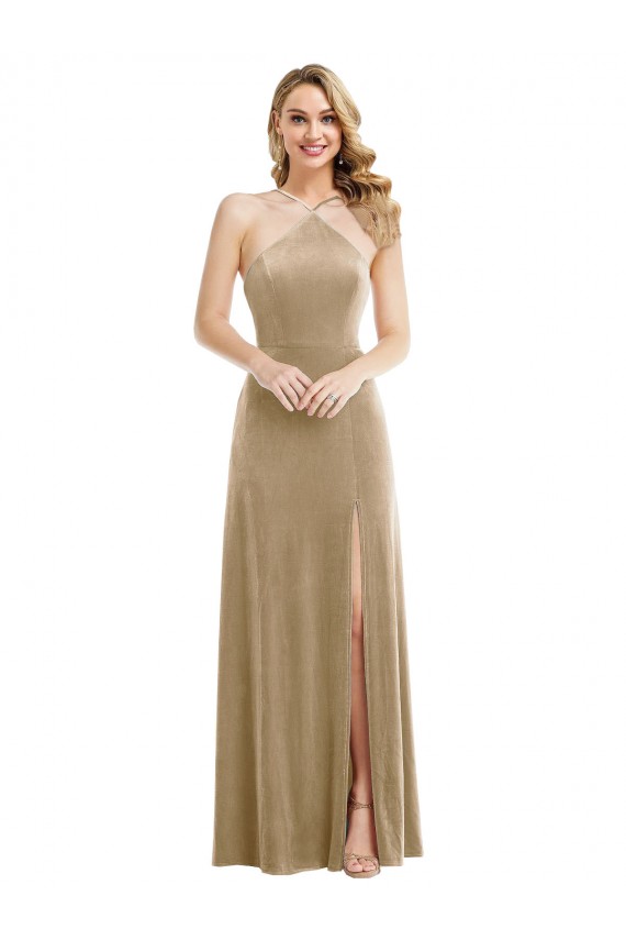 A-Line High Neck Stretch Velvet Long Champagne Semi Formal Evening Dress / Prom Dress / Bridesmaid Dress Barrie