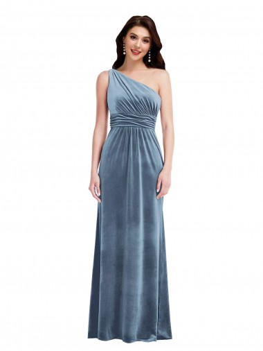 A-Line Off the Shoulder Stretch Velvet Long Dusty Blue Bridesmaid Dress / Evening Dress Barrie