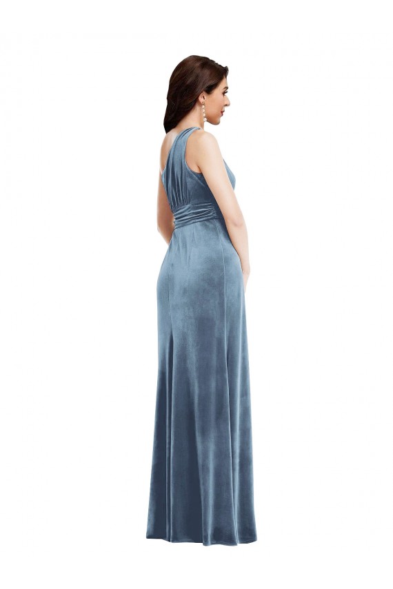 A-Line Off the Shoulder Stretch Velvet Long Dusty Blue Bridesmaid Dress / Evening Dress Barrie