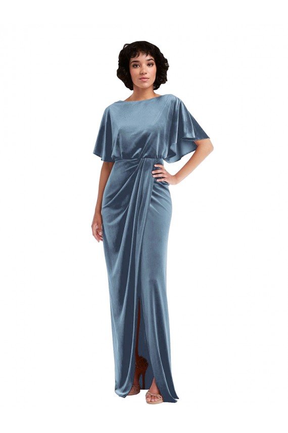 Sheath Stretch Velvet Long Dusty Blue Semi Formal Evening Dress / Prom Dress / Bridesmaid Dress Barrie