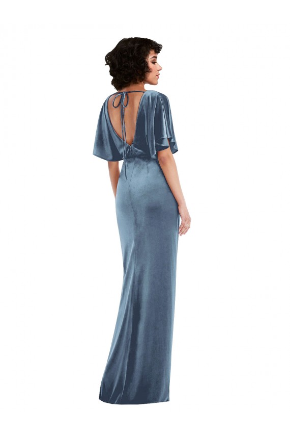 Sheath Stretch Velvet Long Dusty Blue Semi Formal Evening Dress / Prom Dress / Bridesmaid Dress Barrie