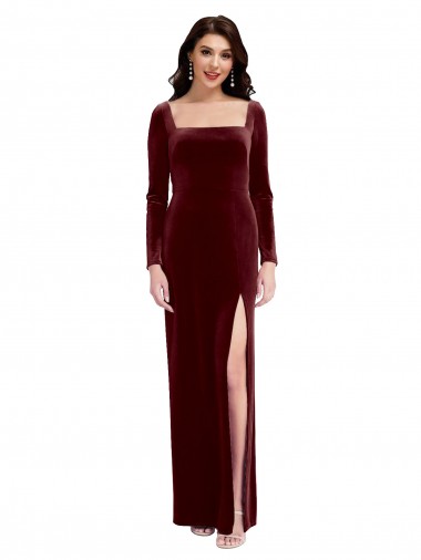A-Line Square Neck Stretch Velvet Long Burgundy Prom Dress / Bridesmaid Dress Barrie