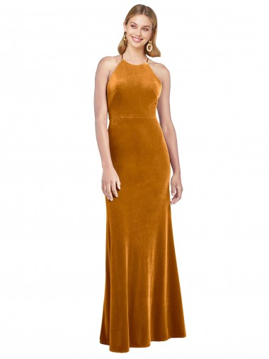 A-Line High Neck Stretch Velvet Long Gold Formal Evening Gown / Prom Dress / Bridesmaid Dress Barrie
