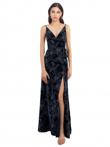 A-Line V-Neck Floral Velvet & Stretch Velvet Long Dark Navy Bridesmaid Dress Barrie