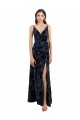 A-Line V-Neck Floral Velvet & Stretch Velvet Long Dark Navy Bridesmaid Dress Barrie
