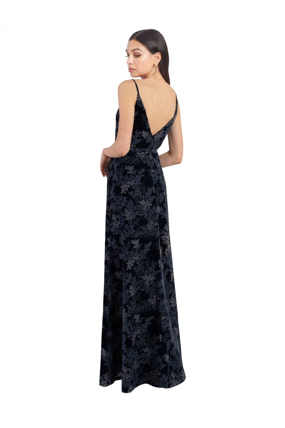 A-Line V-Neck Floral Velvet & Stretch Velvet Long Dark Navy Bridesmaid Dress Barrie