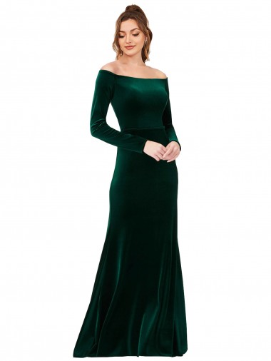 Sheath Off the Shoulder Stretch Velvet Long Dark Green Formal Evening Gown / Prom Dress / Bridesmaid Dress Barrie
