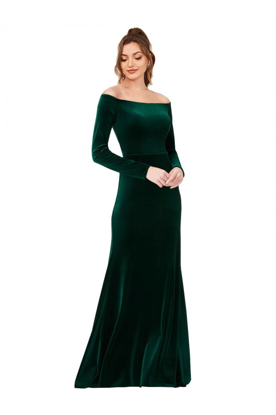 Sheath Off the Shoulder Stretch Velvet Long Dark Green Formal Evening Gown / Prom Dress / Bridesmaid Dress Barrie