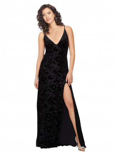 Sheath V-Neck Floral Velvet & Stretch Velvet Long Black Bridesmaid Dress Barrie