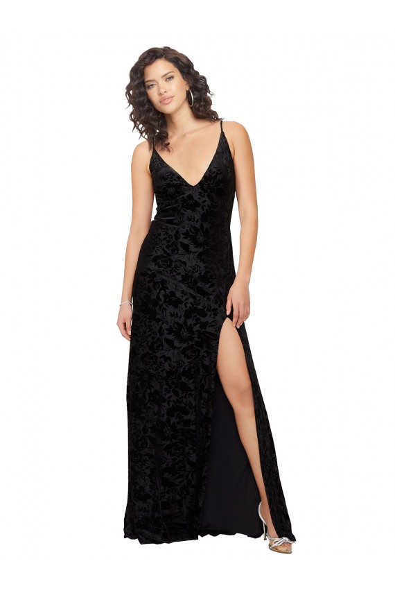 Sheath V-Neck Floral Velvet & Stretch Velvet Long Black Bridesmaid Dress Barrie