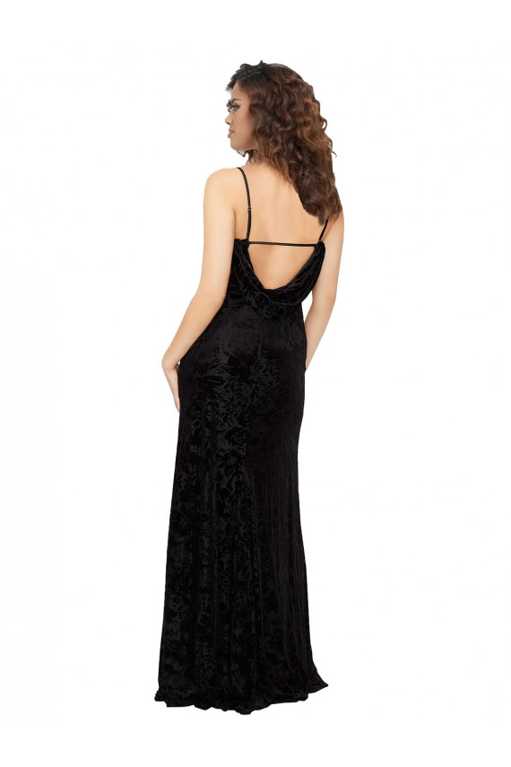 Sheath V-Neck Floral Velvet & Stretch Velvet Long Black Bridesmaid Dress Barrie