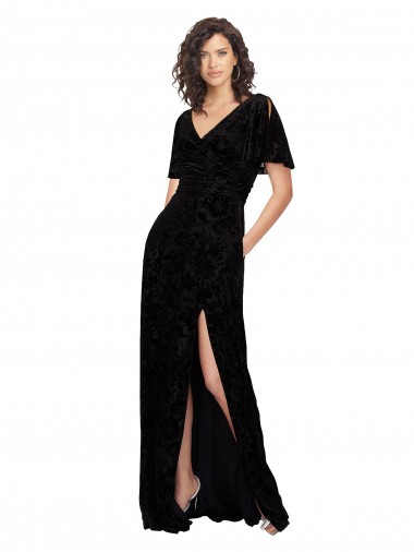 A-Line V-Neck Floral Velvet & Stretch Velvet Long Black Bridesmaid Dress Barrie