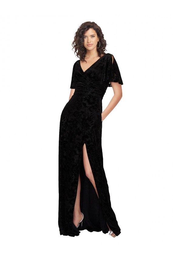 A-Line V-Neck Floral Velvet & Stretch Velvet Long Black Bridesmaid Dress Barrie