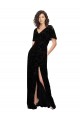 A-Line V-Neck Floral Velvet & Stretch Velvet Long Black Bridesmaid Dress Barrie