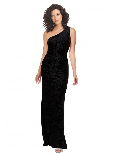 Sheath One Shoulder Floral Velvet & Stretch Velvet Long Black Bridesmaid Dress Barrie