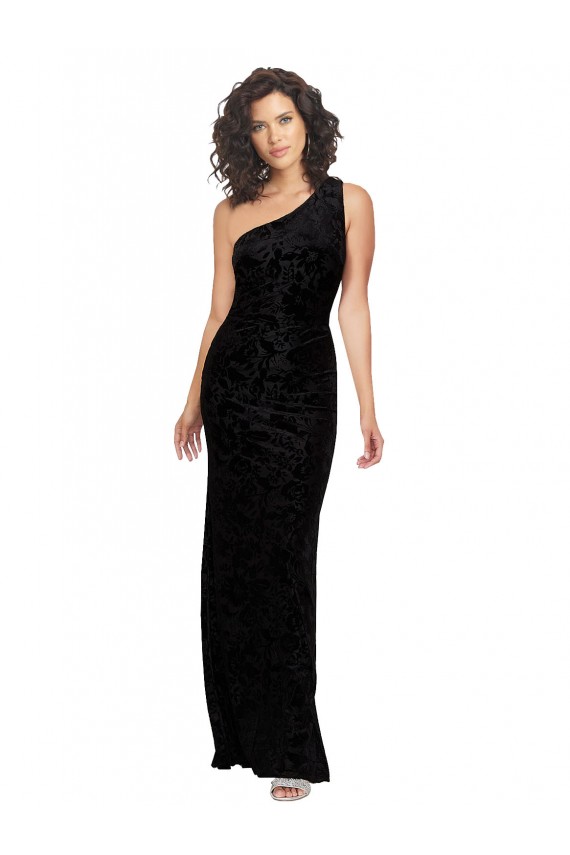 Sheath One Shoulder Floral Velvet & Stretch Velvet Long Black Bridesmaid Dress Barrie