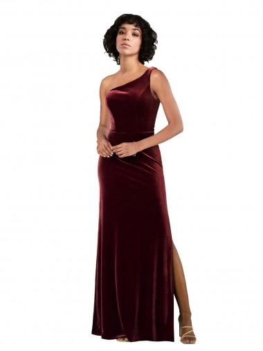 Column One Shoulder Stretch Velvet Long Burgundy Formal Evening Gown / Prom Dress / Bridesmaid Dress Barrie