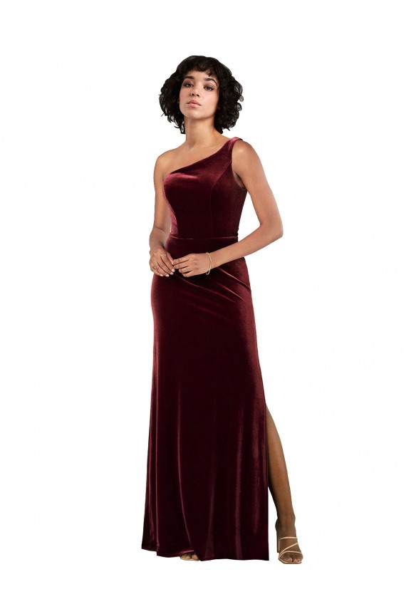 Column One Shoulder Stretch Velvet Long Burgundy Formal Evening Gown / Prom Dress / Bridesmaid Dress Barrie