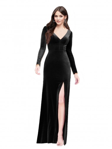 Column V-Neck Stretch Velvet Long Black Formal Evening Gown / Prom Dress / Bridesmaid Dress Barrie