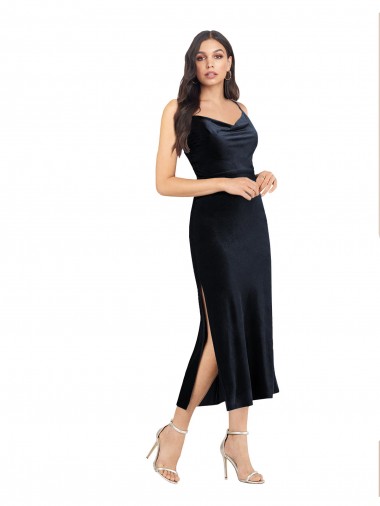 Column Cowl Neck Stretch Velvet Midi Length Dark Navy Formal Evening Gown / Prom Dress / Bridesmaid Dress Barrie
