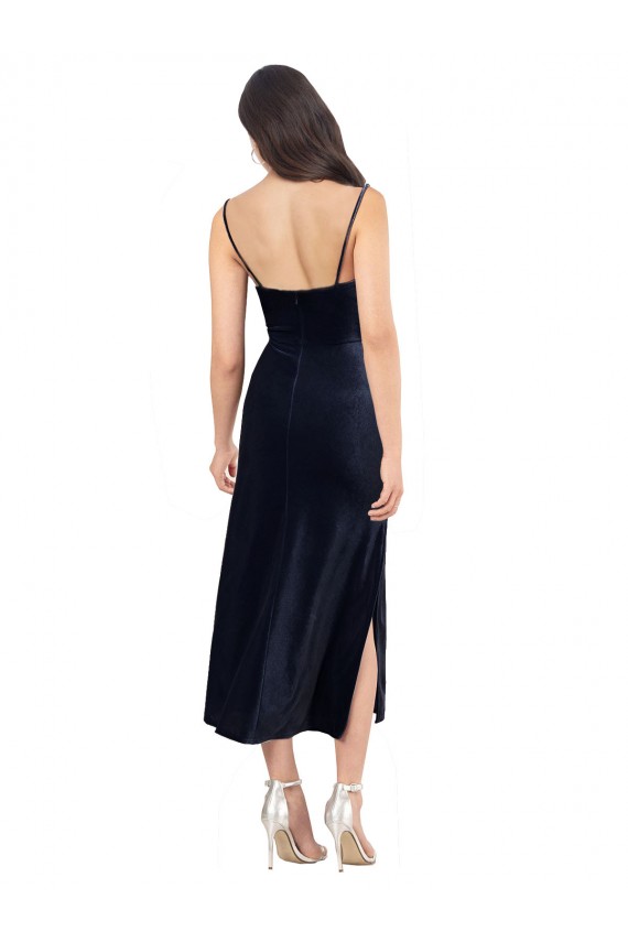 Column Cowl Neck Stretch Velvet Midi Length Dark Navy Formal Evening Gown / Prom Dress / Bridesmaid Dress Barrie