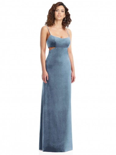 Sheath Square Neck Stretch Velvet Long Dusty Blue Formal Evening Gown / Prom Dress / Bridesmaid Dress Barrie