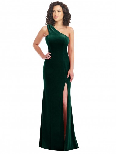 Trumpet One Shoulder Stretch Velvet Long Dark Green Black Tie Prom Dress / Bridesmaid Dress Barrie
