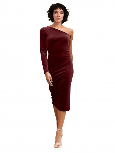 A-Line One Shoulder Stretch Velvet Midi Length Burgundy Black Tie Prom Dress / Bridesmaid Dress Barrie
