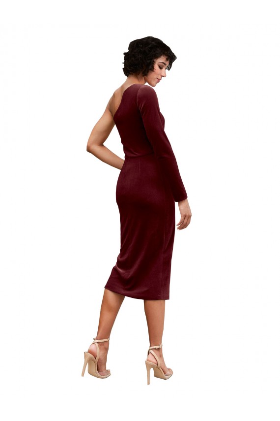 A-Line One Shoulder Stretch Velvet Midi Length Burgundy Black Tie Prom Dress / Bridesmaid Dress Barrie