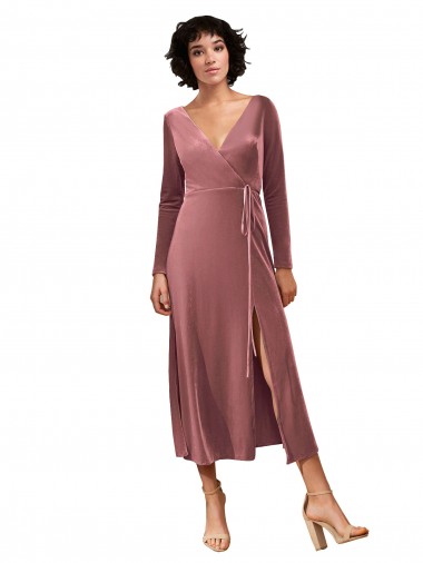 A-Line V-Neck Stretch Velvet Midi Length Cinnamon Rose Black Tie Prom Dress / Bridesmaid Dress Barrie