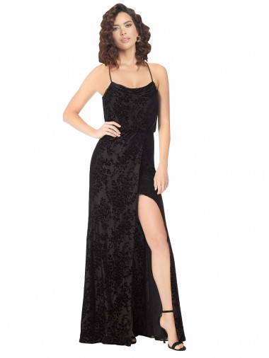 A-Line Cowl Neck Floral Velvet & Stretch Velvet Long Black Bridesmaid Dress Barrie
