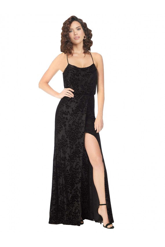 A-Line Cowl Neck Floral Velvet & Stretch Velvet Long Black Bridesmaid Dress Barrie