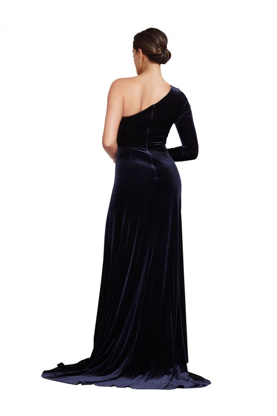 A-Line One Shoulder Stretch Velvet Sweep Train Dark Navy Formal Evening Gown / Prom Dress / Bridesmaid Dress Barrie