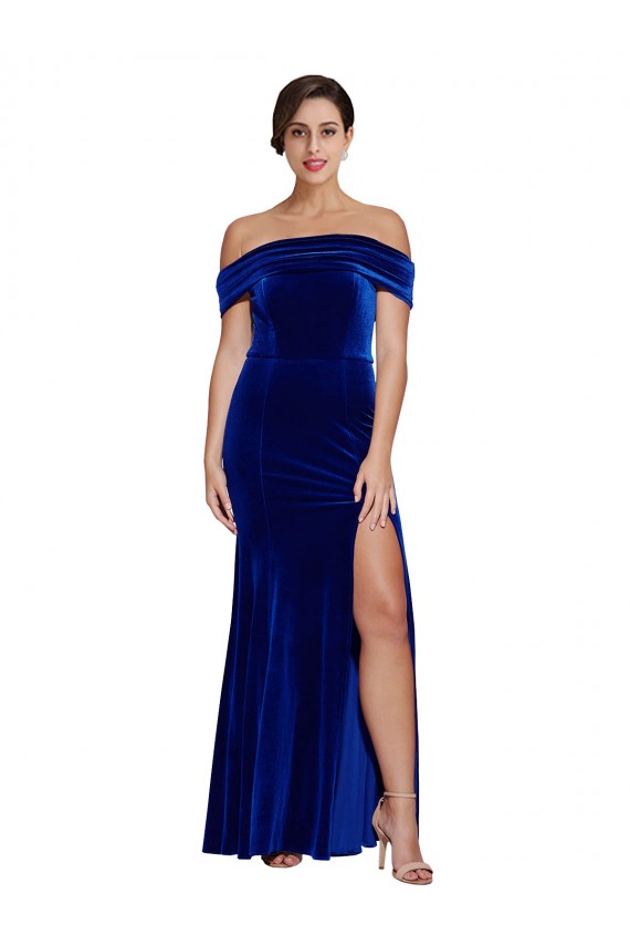 Mermaid Off the Shoulder Stretch Velvet Long Royal Blue Formal Evening Gown / Prom Dress / Bridesmaid Dress Barrie